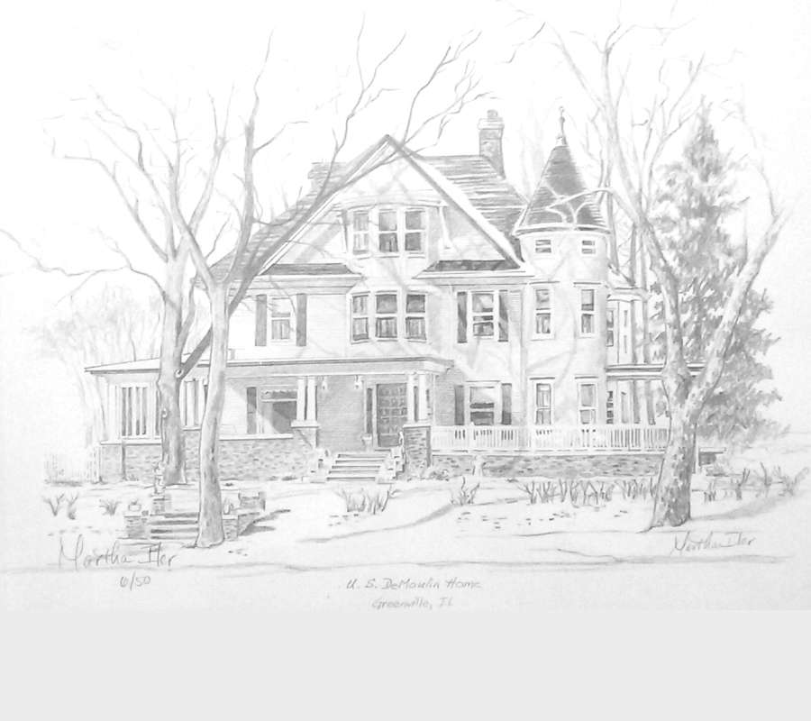 pencial drawing of late Victorian three story home, front view in snow, bare trees, wraparound porch, corner turret
