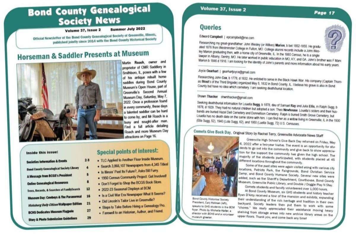 two facing pages of e-newsletter, green frames, text, photos, orange table of contents