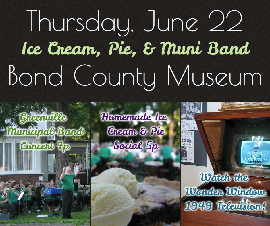 band members wearing green polo shirts, pie with purple filling topped with vanilla ice cream, vintage tv cabinet with Lone Ranger playing on screen